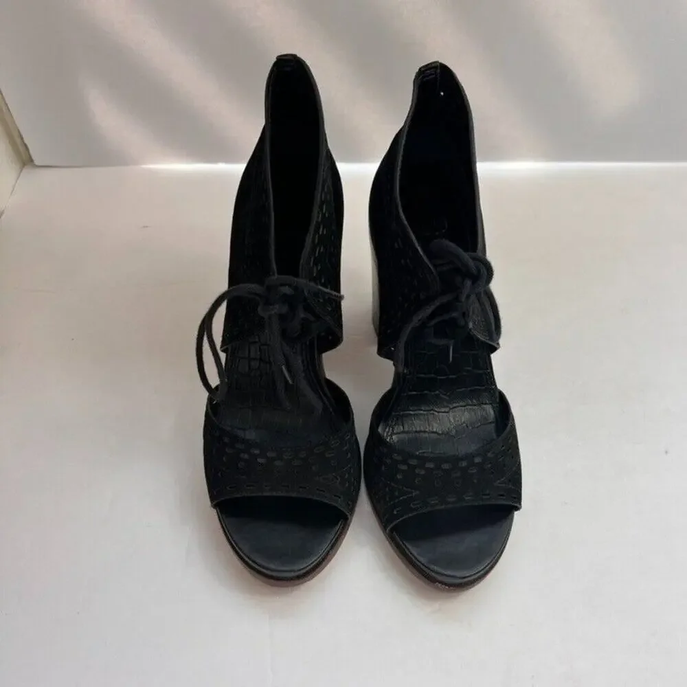 Gianni Bini Sandals Womens 8M Black Gypsy Block Heel Peep Toe Lace Up Perforated